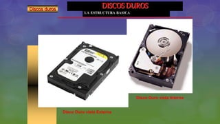 DISCOS DUROS
LA ESTRUCTURA BASICA
Disco Duro vista Externa
Disco Duro vista Interna
Discos duros
 