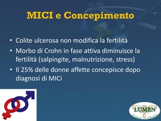 MICI e Concepimento
• Colite ulcerosa non modifica la fertilità
• Morbo di Crohn in fase attiva diminuisce la
fertilità (salpingite, malnutrizione, stress)
• Il 25% delle donne affette concepisce dopo
diagnosi di MICi

 