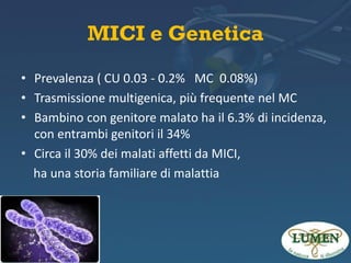 MICI e Genetica
• Prevalenza ( CU 0.03 - 0.2% MC 0.08%)
• Trasmissione multigenica, più frequente nel MC
• Bambino con genitore malato ha il 6.3% di incidenza,
con entrambi genitori il 34%
• Circa il 30% dei malati affetti da MICI,
ha una storia familiare di malattia

 