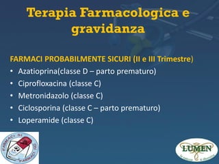 Terapia Farmacologica e
gravidanza
FARMACI PROBABILMENTE SICURI (II e III Trimestre)
• Azatioprina(classe D – parto prematuro)
• Ciprofloxacina (classe C)
• Metronidazolo (classe C)
• Ciclosporina (classe C – parto prematuro)
• Loperamide (classe C)

 