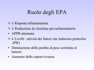 Ruolo degli EPA    Risposta infiammatoria    Produzione di citochine pro-infiammatorie  APPR attenuata    Livelli / attività dei fattori che inducono proteolisi  (PIF) Diminuzione della perdita di peso correlata al tumore Aumento della sopravvivenza 