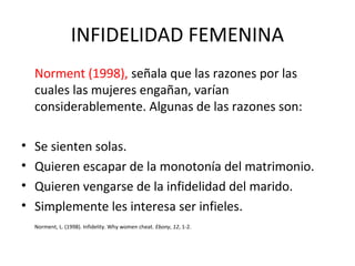 INFIDELIDAD FEMENINA
Norment (1998), señala que las razones por las
cuales las mujeres engañan, varían
considerablemente. Algunas de las razones son:
• Se sienten solas.
• Quieren escapar de la monotonía del matrimonio.
• Quieren vengarse de la infidelidad del marido.
• Simplemente les interesa ser infieles.
Norment, L. (1998). Infidelity. Why women cheat. Ebony, 12, 1-2.
 