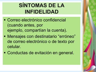 Interferencia de la familiaCONSECUENCIAS DE LA INFIDELIDADSe pierde la confianza y la parejaafectada se sienteherido.
