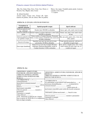 Primaria comunei Aricestii Zeletin-Judetul Prahova

Mar, Par, Gutui, Prun, Cires, Visin, Cais, Piersic si                               Maces, Soc negru, Trandafir pentru petale, Lonicera
Nectarin, Nuc, Migdal, Alun, Castan                                                 caerulea, Corn, Catina
                                                                                     C. Capsun
B. Arbusti fructiferi
Coacaz negru, Coacaz rosu, Coacaz alb, Agris,
Zmeura de gradina, Afin de cultura, Mur de gradina,


ANEXA Nr. 2: ZONAREA SPECIILOR POMICOLE

   Formatiune de
                                    Spatiul geografic ocupat                             Specii cultivate
 vegetatie naturala
Subzona padurilor de
                                Dealuri intre 500-800 m altitudine           Coacaz, agris, afin, unele soiuri de mar
    fag - subetajul
Subzona padurilor de Dealuri mijlocii si partea inferioara a celor inalte, Zmeur, mar, prun, visin, unele soiuri
         gorun                        300-800 m altitudine                                     de par
                         Partea nordica a Campiei Romane, Piemontul
Subzona padurilor de                                                         Mar, par, prun, gutui, cires, visin, nuc,
                        Getic si rama externa a dealurilor din vestul tarii;
 cer, garnita si stejar                                                                     alun, capsun
                                       50-500 m altitudine
                            Suprafete mai mari sau mai mici in toate          Toate speciile pomicole, cultivate cu
 Zona de silvostepa
                                 provinciile; 50-500 m altitudine                   deosebire in regim irigat
                           Partea de est si de sud a Campiei Romane,         Cais, piersic, migdal, prun, cires, visin,
Zona stepei danubiene      Dobrogea, Platforma Barladului, insule in          soiuri varatice de mar si par, nuc, in
                              Campia Siretului; 0-200 m altitudine                      conditii de irigare




ANEXA Nr. 3a):

 MINISTERUL AGRICULTURII,
                                                                      MINISTERUL AGRICULTURII, PADURILOR, APELOR SI
PADURILOR, APELOR SI MEDIULUI
                                                                      MEDIULUI
 DIRECTIA GENERALA PENTRU
                                                                      DIRECTIA GENERALA PENTRU AGRICULTURA SI
AGRICULTURA SI DEZVOLTARE
                                                                      DEZVOLTARE RURALA ...............................
RURALA ..................
 AUTORIZATIE Nr. ...... / ..........
                                                                       AUTORIZATIE Nr. ........ / ..............
 Domnul/doamna .................................., cu
                                                                       In conformitate cu prevederile Legii pomiculturii nr. .... , se
domiciliul in comuna/comunaul ............... ,
                                                                      autorizeaza domnul/doamna ................. , cu domiciliul in
judetul ................................................ , solicita
                                                                      comuna/comunaul .......................... , judetul
taierea a .................................... bucati
                                                                      ........................................................... , pentru taierea de ...
nuci/castani comestibili.
                                                                      nuci/castani comestibili, pomi razleti din locurile urmatoare:
 Director general, .................... (numele si
                                                                      .............................
prenumele)
                                                                       Solicitantul a plantat nuci/castani ........ bucati in zona
 Semnatura si stampila
                                                                      .........................................................
 Data eliberarii ..................
                                                                       Director general, ............................ (numele si prenumele)
 N.B.: Autorizatia se tipareste pe o singura
                                                                       Semnatura si stampila
fata in registre de 100 de file si se completeaza
                                                                       Data eliberarii .........................
intr-un singur exemplar.




                                                                                                                                                            76
 