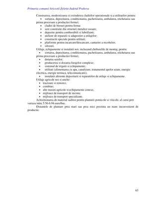 Primaria comunei Aricestii Zeletin-Judetul Prahova

       Construirea, modernizarea si extinderea cladirilor operationale si a utilitatilor pentru:
            • sortarea, depozitarea, conditionarea, pachetizarea, ambalarea, etichetarea sau
       prima procesare a productiei fermei;
            • cladiri de birouri pentru ferma
            • sere construite din structuri metalice usoare;
            • depozite pentru combustibili si lubrifianti;
            • ateliere de reparatii si adapostire a utilajelor;
            • constructii speciale pentru utilitati;
            • platforme pentru incarcare/descarcare, cantarire a recoltelor;
            • silozuri.
       Utilaje, echipamente si instalatii noi, incluzand cheltuielile de montaj, pentru:
          •     sortarea, depozitarea, conditionarea, pachetizarea, ambalarea, etichetarea sau
       prima procesare a productiei fermei;
          •     dotarea serelor;
          •     producerea si dozarea furajelor complexe;
          •     sistemul de irigatii si echipamente;
          •     utilitati (alimentarea cu apa, canalizare, tratamentul apelor uzate, energie
       electrica, energie termica, telecomunicatii);
          •     instalatii aferente depozitarii si reparatiilor de utilaje si echipamente.
       Utilaje agricole noi si unelte:
          • tractoare si remorci;
          • combine;
          • alte masini agricole si echipamente conexe;
          • mijloace de transport de incinta;
          • mijloace de transport specializate.
       Achizitionarea de material saditor pentru plantatii pomicole si viticole, al carui pret
variaza intre 5.56-6.94 euro/buc.
       Distantele de plantare prea mari sau prea mici prezinta un mare inconvenient de
productie.




                                                                                             63
 