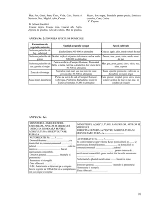76
Mar, Par, Gutui, Prun, Cires, Visin, Cais, Piersic si
Nectarin, Nuc, Migdal, Alun, Castan
B. Arbusti fructiferi
Coacaz negru, Coacaz rosu, Coacaz alb, Agris,
Zmeura de gradina, Afin de cultura, Mur de gradina,
Maces, Soc negru, Trandafir pentru petale, Lonicera
caerulea, Corn, Catina
C. Capsun
ANEXA Nr. 2: ZONAREA SPECIILOR POMICOLE
Formatiune de
vegetatie naturala
Spatiul geografic ocupat Specii cultivate
Subzona padurilor de
fag - subetajul
Dealuri intre 500-800 m altitudine Coacaz, agris, afin, unele soiuri de mar
Subzona padurilor de
gorun
Dealuri mijlocii si partea inferioara a celor inalte,
300-800 m altitudine
Zmeur, mar, prun, visin, unele soiuri
de par
Subzona padurilor de
cer, garnita si stejar
Partea nordica a Campiei Romane, Piemontul
Getic si rama externa a dealurilor din vestul tarii;
50-500 m altitudine
Mar, par, prun, gutui, cires, visin, nuc,
alun, capsun
Zona de silvostepa
Suprafete mai mari sau mai mici in toate
provinciile; 50-500 m altitudine
Toate speciile pomicole, cultivate cu
deosebire in regim irigat
Zona stepei danubiene
Partea de est si de sud a Campiei Romane,
Dobrogea, Platforma Barladului, insule in
Campia Siretului; 0-200 m altitudine
Cais, piersic, migdal, prun, cires, visin,
soiuri varatice de mar si par, nuc, in
conditii de irigare
ANEXA Nr. 3a):
MINISTERUL AGRICULTURII,
PADURILOR, APELOR SI MEDIULUI
DIRECTIA GENERALA PENTRU
AGRICULTURA SI DEZVOLTARE
RURALA ..................
MINISTERUL AGRICULTURII, PADURILOR, APELOR SI
MEDIULUI
DIRECTIA GENERALA PENTRU AGRICULTURA SI
DEZVOLTARE RURALA ...............................
AUTORIZATIE Nr. ...... / ..........
Domnul/doamna .................................., cu
domiciliul in comuna/comunaul ............... ,
judetul ................................................ , solicita
taierea a .................................... bucati
nuci/castani comestibili.
Director general, .................... (numele si
prenumele)
Semnatura si stampila
Data eliberarii ..................
N.B.: Autorizatia se tipareste pe o singura
fata in registre de 100 de file si se completeaza
intr-un singur exemplar.
AUTORIZATIE Nr. ........ / ..............
In conformitate cu prevederile Legii pomiculturii nr. .... , se
autorizeaza domnul/doamna ................. , cu domiciliul in
comuna/comunaul .......................... , judetul
........................................................... , pentru taierea de ...
nuci/castani comestibili, pomi razleti din locurile urmatoare:
.............................
Solicitantul a plantat nuci/castani ........ bucati in zona
.........................................................
Director general, ............................ (numele si prenumele)
Semnatura si stampila
Data eliberarii .........................
 