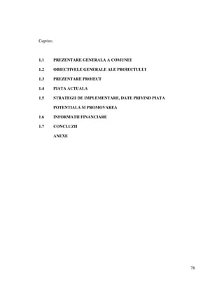 78
Cuprins:
1.1 PREZENTARE GENERALA A COMUNEI
1.2 OBIECTIVELE GENERALE ALE PROIECTULUI
1.3 PREZENTARE PROIECT
1.4 PIATA ACTUALA
1.5 STRATEGII DE IMPLEMENTARE, DATE PRIVIND PIATA
POTENTIALA SI PROMOVAREA
1.6 INFORMATII FINANCIARE
1.7 CONCLUZII
ANEXE
 