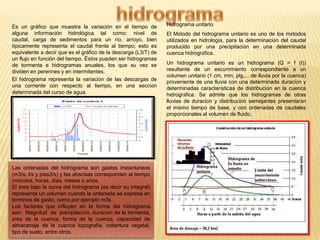 Es un gráfico que muestra la variación en el tiempo de
alguna información hidrológica tal como: nivel de
caudal, carga de sedimentos para un río, arroyo, bien
típicamente representa el caudal frente al tiempo; esto es
equivalente a decir que es el gráfico de la descarga (L3/T) de
un flujo en función del tiempo. Éstos pueden ser hidrogramas
de tormenta e hidrogramas anuales, los que su vez se
dividen en perennes y en intermitentes.
El hidrograma representa la variación de las descargas de
una corriente con respecto al tiempo, en una sección
determinada del curso de agua.

Las ordenadas del hidrograma son gastos instantáneos
(m3/s, l/s y pies3/s) y las abscisas corresponden al tiempo
(minutos, horas, días, meses o años.
El área bajo la curva del hidrograma (es decir su integral)
representa un volumen cuando la ordenada se expresa en
términos de gasto, como por ejemplo m3s.
Los factores que influyen en la forma del hidrograma
son: Magnitud de precipitación, duración de la tormenta,
área de la cuenca, forma de la cuenca, capacidad de
almacenaje de la cuenca topografía, cobertura vegetal,
tipo de suelo, entre otros.

Hidrograma unitario
El Método del hidrograma unitario es uno de los métodos
utilizados en hidrología, para la determinación del caudal
producido por una precipitación en una determinada
cuenca hidrográfica.
Un hidrograma unitario es un hidrograma (Q = f (t))
resultante de un escurrimiento correspondiente a un
volumen unitario (1 cm, mm, plg,... de lluvia por la cuenca)
proveniente de una lluvia con una determinada duración y
determinadas características de distribución en la cuenca
hidrográfica. Se admite que los hidrogramas de otras
lluvias de duración y distribución semejantes presentarán
el mismo tiempo de base, y con ordenadas de caudales
proporcionales al volumen de fluido.

 