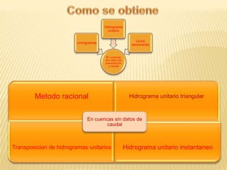 Hidrograma
unitario

Lluvia
escorrentía

Limnigramas

En cuencas
con datos de
precipitación
y caudal

Metodo racional

Hidrograma unitario triangular

En cuencas sin datos de
caudal

Transposicion de hidrogramas unitarios

Hidrograma unitario instantaneo

 