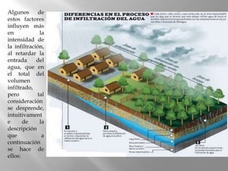 Algunos de
estos factores
influyen más
en la
intensidad de
la infiltración,
al retardar la
entrada del
agua, que en
el total del
volumen
infiltrado,
pero tal
consideración
se desprende,
intuitivament
e de la
descripción
que a
continuación
se hace de
ellos:
 