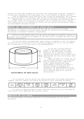 simulen el efecto del golpeteo de las gotas. Por último para riego por inundación,
el que mejor representa las condiciones, es el infiltrómetro de dobles anillos.
      Como se comprenderá estos distintos tipos tratan de representar, de la manera
más cercana posible a la realidad, cada uno de los distintos sistemas de riego.
      Muchas veces el técnico choca en la práctica con hechos tan concretos como el
de no poder contar con una parcela nivelada y con el trazado de surcos o melgas
tipo ; menos aún con un simulador de lluvia. Por eso que se recurre muchas veces a
un infiltrómetro de doble anillos.

MÉTODO DEL INFILTRÓMETRO DE DOBLE ANILLO :
Se basa en la medición de una lámina de agua que se infiltra en un tiempo
determinado. La medición de dicha lámina se hace en uno de los anillos que posee
una escala (o midiendo volúmenes incorporados).

      “Tanto en este método como en el de surcos de ensayo es necesario contar, en
el suelo, con un contenido de humedad tal que sea similar al Umbral de Riego que se
determinó previamente”.

      Los anillos están estandarizados (para riego) en diámetro y alto. El externo
es de 50 cm y el interno de 30 cm. La altura de ambos es de 30 cm. Los dos deben
ser introducidos en el suelo unos 10 cm aproximadamente.


                                                          El uso del cilindro exterior
                                                    tiene la finalidad de actuar como
                30 cm                               Buffer, o sea amortiguar el efecto
                                                    producido por el agua del cilindro
                                                    interior en contacto con el suelo seco,
                                          30 cm     obteniéndose así una infiltración cuasi
                                                    vertical.
                                                          Ambos cilindros se llenan con una
                                                    altura de agua similar a la calculada
                                                    para la dosis de riego (lámina de
                                                    riego). Manteniéndose esa carga
                                                    prácticamente constante volviendo a
                                                    rellenar cuando se produzca una
                50 cm                               disminución de aproximadamente 20 mm
                                                    (minimizar los efectos de la variación
                                                    de la carga de agua en el valor de
                                                    infiltración).
   Infiltrómetro de Doble Anillo



      En la planilla tipo se anotan las láminas parciales infiltradas (lecturas) y
tiempos, como así también los valores de enrase al valor constante de lámina.

            Lectura     Relleno   a   Lámina        Tiempo       Ii     Lam acum.   Tiempo
   Hora   desde cero      cero        parcial       Parcial   (cm/hr)      (cm)     acum.
             (cm)                      (cm)          (min)                          (min.)

      El ensayo se deberá proseguir hasta constatar constancia de la velocidad de
infiltración (esto dependerá del tipo del suelo).


ANÁLISIS DE LOS DATOS :
Si representáramos los valores obtenidos nos encontraríamos con dos curvas
distintas.




                                                4
 