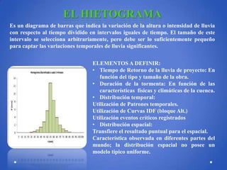 EL HIETOGRAMA
Es un diagrama de barras que indica la variación de la altura o intensidad de lluvia
con respecto al tiempo dividido en intervalos iguales de tiempo. El tamaño de este
intervalo se selecciona arbitrariamente, pero debe ser lo suficientemente pequeño
para captar las variaciones temporales de lluvia significantes.
ELEMENTOS A DEFINIR:
• Tiempo de Retorno de la lluvia de proyecto: En
función del tipo y tamaño de la obra.
• Duración de la tormenta: En función de las
características físicas y climáticas de la cuenca.
• Distribución temporal:
Utilización de Patrones temporales.
Utilización de Curvas IDF (bloque Alt.)
Utilización eventos críticos registrados
• Distribución espacial:
Transfiere el resultado puntual para el espacial.
Característica observada en diferentes partes del
mundo; la distribución espacial no posee un
modelo típico uniforme.

 