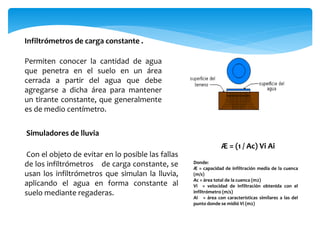 Infiltrómetros de carga constante .
Permiten conocer la cantidad de agua
que penetra en el suelo en un área
cerrada a partir del agua que debe
agregarse a dicha área para mantener
un tirante constante, que generalmente
es de medio centímetro.

Simuladores de lluvia
Æ = (1 / Ac) Vi Ai
Con el objeto de evitar en lo posible las fallas
de los infiltrómetros de carga constante, se
usan los infiltrómetros que simulan la lluvia,
aplicando el agua en forma constante al
suelo mediante regaderas.

Donde:
Æ = capacidad de infiltración media de la cuenca
(m/s)
Ac = área total de la cuenca (m2)
Vi = velocidad de infiltración obtenida con el
infiltrómetro (m/s)
Ai = área con características similares a las del
punto donde se midió Vi (m2)

 