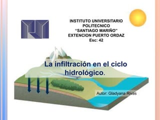 La infiltración en el ciclo
hidrológico.
INSTITUTO UNIVERSITARIO
POLITECNICO
“SANTIAGO MARIÑO”
EXTENCION PUERTO ORDAZ
Esc: 42
Autor: Gladyana Rivas
 