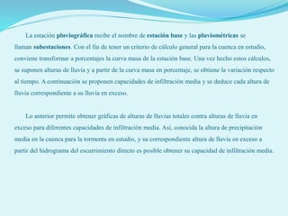 La estación pluviográfica recibe el nombre de estación base y las pluviométricas se
llaman subestaciones. Con el fin de tener un criterio de cálculo general para la cuenca en estudio,
conviene transformar a porcentajes la curva masa de la estación base. Una vez hecho estos cálculos,
se suponen alturas de lluvia y a partir de la curva masa en porcentaje, se obtiene la variación respecto
al tiempo. A continuación se proponen capacidades de infiltración media y se deduce cada altura de
lluvia correspondiente a su lluvia en exceso.
Lo anterior permite obtener gráficas de alturas de lluvias totales contra alturas de lluvia en
exceso para diferentes capacidades de infiltración media. Así, conocida la altura de precipitación
media en la cuenca para la tormenta en estudio, y su correspondiente altura de lluvia en exceso a
partir del hidrograma del escurrimiento directo es posible obtener su capacidad de infiltración media.
 