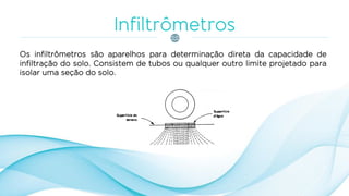 Os infiltrômetros são aparelhos para determinação direta da capacidade de
infiltração do solo. Consistem de tubos ou qualquer outro limite projetado para
isolar uma seção do solo.
 