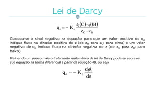    
BC
tt
oo
z-z
B-C
Kq


Colocou-se o sinal negativo na equação para que um valor positivo de qo
indique fluxo na direção positiva de z (de zB para zC: para cima) e um valor
negativo de qo indique fluxo na direção negativa de z (de zC para zB: para
baixo).
Refinando um pouco mais o tratamento matemático da lei de Darcy pode-se escrever
sua equação na forma diferencial a partir da equação 08, ou seja
ds
d
Kq t
oo


 