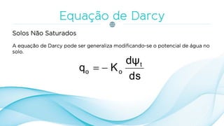Solos Não Saturados
A equação de Darcy pode ser generaliza modificando-se o potencial de água no
solo.
ds
dψ
Kq t
oo 
 