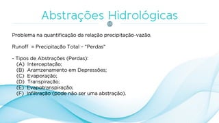 Problema na quantificação da relação precipitação-vazão.
Runoff = Precipitação Total – “Perdas”
- Tipos de Abstrações (Perdas):
(A) Interceptação;
(B) Aramzenamento em Depressões;
(C) Evaporação;
(D) Transpiração;
(E) Evapotranspiração;
(F) Infiltração (pode não ser uma abstração).
 