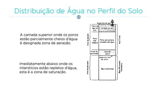 A camada superior onde os poros
estão parcialmente cheios d’água
é designada zona de aeração.
Imediatamente abaixo onde os
interstícios estão repletos d’água,
esta é a zona de saturação.
 