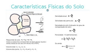 Densidade atual:
Densidade das partículas:
Densidade do solo (indicador do grau de
compactação do solo):
Porosidade - N (adimensional):
Ou ainda:
Volume dos poros:
Volume total:
Massa total do solo:
Onde os subescritos correspondem às fases gasosa, líquida e
sólida (massa do solo seco em estufa, 105 a 110ºC)
 