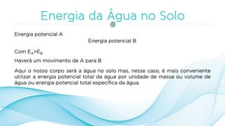 Energia potencial A
Energia potencial B
Com EA>EB
Haverá um movimento de A para B
Aqui o nosso corpo será a água no solo mas, nesse caso, é mais conveniente
utilizar a energia potencial total da água por unidade de massa ou volume de
água ou energia potencial total específica da água.
 