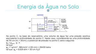 No ponto C, na base do reservatório, uma volume de água faz uma pressão positiva
equivalente à profundidade do ponto C. Neste caso, considerando-se uma profundidade
de 30 cm (H1 = 30cm), o potencial de pressão no ponto C será o seguinte:
p  água . g . h
tal que
p = 1 g/cm3 . 981cm/s2. (+30 cm) = 29430 bária
tal que p = 0,029 atm = 30 cm H2O
 