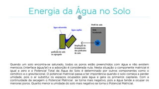 Quando um solo encontra-se saturado, todos os poros estão preenchidos com água e não existem
meniscos (interface água/ar) e a adsorção é considerada nula. Nesta situação o componente matricial é
igual a zero e o Potencial Total da Água do Solo é determinado por outros componentes como o
osmótico e o gravitacional. O potencial matricial passa a ter importância quando o solo começa a perder
umidade, pois o ar substitui os espaços ocupados pela água e gera os primeiros capilares. Com a
continuidade da secagem o Potencial Matricial se torna mais negativo, pois a água tende a ocupar os
menores poros. Quanto menor a umidade do solo mais negativo se torna o Potencial Matricial.
 