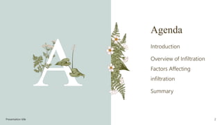 Agenda
Introduction
Overview of Infiltration
Factors Affecting
infiltration
Summary
Presentation title 2
 