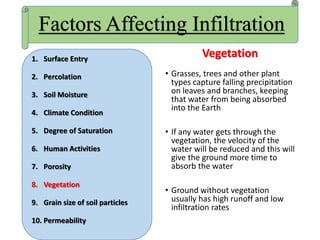 Vegetation
• Grasses, trees and other plant
types capture falling precipitation
on leaves and branches, keeping
that water from being absorbed
into the Earth
• If any water gets through the
vegetation, the velocity of the
water will be reduced and this will
give the ground more time to
absorb the water
• Ground without vegetation
usually has high runoff and low
infiltration rates
Factors Affecting Infiltration
1. Surface Entry
2. Percolation
3. Soil Moisture
4. Climate Condition
5. Degree of Saturation
6. Human Activities
7. Porosity
8. Vegetation
9. Grain size of soil particles
10. Permeability
 