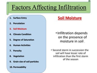 Soil Moisture
•Infiltration depends
on the presence of
moisture in soil .
• Second storm in succession the
soil will have lesser rate of
infiltration than the first storm
of the season
Factors Affecting Infiltration
1. Surface Entry
2. Percolation
3. Soil Moisture
4. Climate Condition
5. Degree of Saturation
6. Human Activities
7. Porosity
8. Vegetation
9. Grain size of soil particles
10. Permeability
 