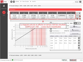 Le logiciel calcule et affiche en temps réel les résultats
      (Q4Pa-surf, n50 …) avec leurs incertitudes
 