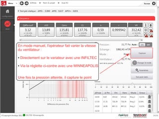 En mode manuel, l'opérateur fait varier la vitesse
du ventilateur :

●   Directement sur le variateur avec une INFILTEC

●   Via la réglette ci-contre avec une MINNEAPOLIS


Une fois la pression atteinte, il capture le point
 
