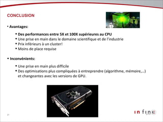 CONCLUSION Avantages: Des performances entre 5X et 100X supérieures au CPU Une prise en main dans le domaine scientifique et de l’industrie Prix inférieurs à un cluster! Moins de place requise Inconvénients: Une prise en main plus difficile Des optimisations plus compliquées à entreprendre (algorithme, mémoire,…) et changeantes avec les versions de GPU. 