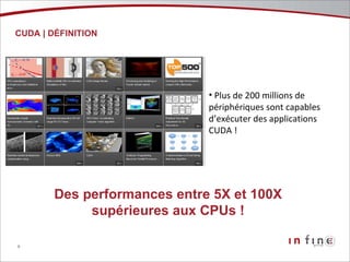 CUDA | DÉFINITION  Plus de 200 millions de périphériques sont capables d’exécuter des applications CUDA ! Des performances entre 5X et 100X supérieures aux CPUs ! 
