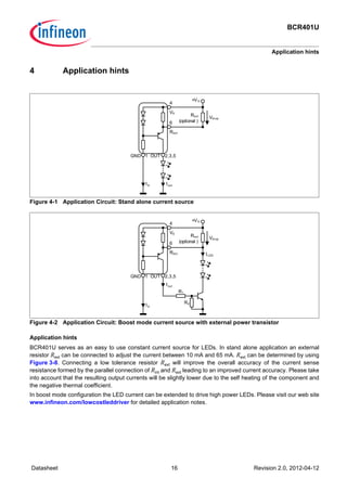 BCR401U
Application hints
Datasheet 16 Revision 2.0, 2012-04-12
4 Application hints
Figure 4-1 Application Circuit: Stand alone current source
Figure 4-2 Application Circuit: Boost mode current source with external power transistor
Application hints
BCR401U serves as an easy to use constant current source for LEDs. In stand alone application an external
resistor Rext can be connected to adjust the current between 10 mA and 65 mA. Rext can be determined by using
Figure 3-8. Connecting a low tolerance resistor Rext will improve the overall accuracy of the current sense
resistance formed by the parallel connection of Rint and Rext leading to an improved current accuracy. Please take
into account that the resulting output currents will be slightly lower due to the self heating of the component and
the negative thermal coefficient.
In boost mode configuration the LED current can be extended to drive high power LEDs. Please visit our web site
www.infineon.com/lowcostleddriver for detailed application notes.
GND OUT
+VS
Vdrop
2,3,51
IoutIS
Rext
VS
6
4
Rext
(optional )
GND OUT
+VS
Vdrop
2,3,51
Iout
IS
Rext
VS
6
4
ILED
R1
R2
Rext
(optional )
 