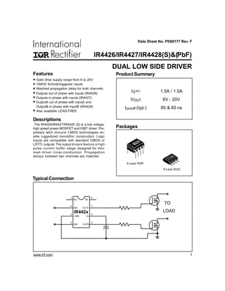 Data Sheet No. PD60177 Rev. F
Typical Connection
Packages
ProductSummary
IO+/- 1.5A / 1.5A
VOUT 6V - 20V
ton/off (typ.) 85 & 65 ns
DUAL LOW SIDE DRIVER
Features
· Gate drive supply range from 6 to 20V
· CMOS Schmitt-triggered inputs
· Matched propagation delay for both channels
· Outputs out of phase with inputs (IR4426)
· Outputs in phase with inputs (IR4427)
· OutputA out of phase with inputA and
OutputB in phase with inputB (IR4428)
· Also available LEAD-FREE
Descriptions
The IR4426/IR4427/IR4428 (S) is a low voltage,
high speed power MOSFET and IGBT driver. Pro-
prietary latch immune CMOS technologies en-
able ruggedized monolithic construction. Logic
inputs are compatible with standard CMOS or
LSTTL outputs. The output drivers feature a high
pulse current buffer stage designed for mini-
mum driver cross-conduction. Propagation
delays between two channels are matched.
8
7
6
54
3
2
1
NC
OUTA
Vs
INA
GND
INB OUTB
NC
IR442x
TO
LOAD
8 Lead PDIP
8 Lead SOIC
www.irf.com 1
IR4426/IR4427/IR4428(S)&(PbF)
 