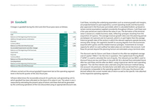 14 Goodwill
Changes in goodwill during the 2023 and 2022 fiscal years were as follows:
€ in millions 2023 2022
Cost
Balance as of the beginning of the fiscal year 7,083 5,962
Additions through business combination 27 28
Disposals (10) –
Currency effects (553) 1,093
Balance as of the end of the fiscal year 6,547 7,083
Accumulated impairments and other changes
Balance as of the beginning of the fiscal year – –
Impairments – –
Disposals – –
Currency effects – –
Balance as of the end of the fiscal year – –
Carrying amount
Balance as of the beginning of the fiscal year 7,083 5,962
Balance as of the end of the fiscal year 6,547 7,083
Infineon carried out the annual goodwill impairment test at the operating segment
level in the fourth quarter of the 2023 fiscal year.
Infineon determines the recoverable amount of a particular cash generating unit to
which goodwill has been allocated on the basis of its value in use. The value in use is
measured by estimating the present value of future cash flows that will be generated
by the continuing operations of the CGU discounted using an appropriate discount rate.
Cash flows, including the underlying parameters such as revenue growth and margins,
are projected based on past experience, current operating results and the business
plan approved in the fiscal year just ended, which is calculated bottom-up based on
certain central assumptions applied consistently throughout Infineon. Cash flows over
a five-year period are used to derive the value in use. The derivation of the terminal
value is based on a stable business state, reflecting synergies resulting from the
acquisition of Cypress. The average revenue growth rates over the planning period
are between 10.5 percent and 16.4 percent, which is in part higher than the average
historical growth rates of the sectors in which the relevant segments operate because,
among other things, the segments benefit to varying degrees from the businesses
acquired with Cypress and the related revenue synergies. Investments to increase
capacity for which no cash outflow has taken place are not taken into account. Cash
flows for periods beyond the planning horizon are estimated using a terminal value.
The discount rate for future cash flows is based on the after-tax weighted-average
cost of capital (“WACC”) for the CGU in question. The Capital Asset Pricing Model
(“CAPM”) is used to calculate the cost of equity. The relevant pre-tax WACC used to
discount future pre-tax cash flows in line with IAS 36 is derived from estimated future
after-tax cash flows and the after-tax WACC using a typical tax rate for each operating
segment. The risk-free interest rate is derived using the Svensson method taking
into account risk premiums, the beta factor and debt ratio are derived from a group
of companies comparable to the operating segment. In this way, the discount rate
derived reflects the current market rate of return as well as the specific risks attached
to the respective operating segment.
120
Infineon | Annual Report 2023
Further information
Combined Management Report
Management Board and Supervisory Board
Notes to the Consolidated Financial Statements
Consolidated Financial Statements
 