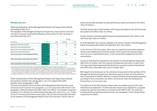 Related persons
Total remuneration of the Management Board and Supervisory Board
according to IAS 24.17
The members of the Management Board and Supervisory Board active in the 2023
and 2022 fiscal years received the following remuneration for their activities in
accordance with IAS 24.17:
Change
€ in millions 2023 2022 absolute in %
Expense for short-term benefits1 9 11 (2) (18)
Expense for share-based payment 3 2 1 50
Expense from post-employment benefits 1 1 – –
Expense for termination benefits2 – 11 (11) –––
Total remuneration of the Management Board 13 25 (12) (48)
Total remuneration of the Supervisory Board3 3 3 – –
Total remuneration of the executive bodies 16 28 (12) (43)
1 The expense includes the fixed remuneration, including fringe benefits and the one-year variable remuneration (STI).
2	
Both Dr. Reinhard Ploss and Dr. Helmut Gassel resigned from the Management Board of Infineon Technologies AG in the 2022 fiscal year.
Their employment contracts continued until 31 December 2022 and 30 September 2022, respectively. For this period, Dr. Reinhard Ploss
and Dr. Helmut Gassel were entitled to remuneration in full. In addition, Dr. Helmut Gassel was granted a severance payment and agreed
to a post-contractual non-competition clause that runs until November 2023, for which Dr. Helmut Gassel received compensation.
3 Employee representatives on the Supervisory Board who are employed by Infineon also receive a salary for their activities as employees.
Total remuneration of the Management Board and Supervisory Board
pursuant to section 314, paragraph 1, no. 6 in conjunction with
section 315e, paragraph 1, HGB
The total remuneration of the members of the Management Board for their active
service pursuant to section 314, paragraph 1, no. 6 in conjunction with section 315e,
paragraph 1, HGB amounted to €9 million (2022: €15 million). This includes a long-term
incentive (LTI) in the form of a performance share plan (see note 22, p. 133 f.). A total
of 193,373 (virtual) performance shares (2022: 148,737) were provisionally allocated
to the members of the Management Board in the 2023 fiscal year. The fair value of
these provisionally allocated (virtual) performance shares amounted to €6 million
(2022: €4 million).
The total remuneration of the members of the Supervisory Board in the 2023 fiscal year
amounted to €3 million (2022: €3 million).
Former members of the Management Board received payments of €7 million in the
2023 fiscal year (2022: €3 million).
As of 30 September 2023, pension obligations for former members of the Management
Board amounted to €63 million (30 September 2022: €63 million).
In the 2023 and 2022 fiscal years, there were no significant transactions between
Infineon and related persons that fell outside of the scope of the existing employ-
ment, service or appointment terms, or the contractual arrangements for their
remuneration.
Constanze Hufenbecher resigned from her position on the Management Board with
effect from 31 October 2023; her contract of employment will end on 14 April 2024.
The Supervisory Board appointed Elke Reichart to succeed Constanze Hufenbecher
with effect from 1 November 2023 until 31 October 2026.
With regard to the disclosures on the individual remuneration of the members of the
Management Board and Supervisory Board pursuant to section 162 of the German
Stock Corporation Act (AktG), reference is made to the Remuneration Report prepared
according to stock corporation law, which can be found under the following link:
www.infineon.com/remuneration-report
The references to the Remuneration Report were not audited as part of the audit
of the financial statements. The Remuneration Report was subjected to a separate
substantive audit by the auditor in accordance with IDW PS 490. This audit also
includes the formal audit required by section 162, paragraph 3 of the German Stock
Corporation Act (AktG).
140
Infineon | Annual Report 2023
Further information
Combined Management Report
Management Board and Supervisory Board
Notes to the Consolidated Financial Statements
Consolidated Financial Statements
 