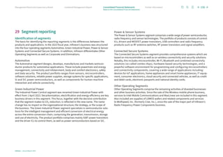29 Segment reporting
Identification of segments
The basis for identifying the reporting segments is the differences between the
products and applications. In the 2023 fiscal year, Infineon’s business was structured
into the four operating segments Automotive, Green Industrial Power, Power  Sensor
Systems and Connected Secure Systems. In addition, Infineon differentiates Other
Operating Segments as well as Corporate and Eliminations.
Automotive
The Automotive segment designs, develops, manufactures and markets semicon­
ductor products for automotive applications. These include powertrain and energy
management, connectivity and infotainment, body and comfort electronics, safety
and data security. The product portfolio ranges from sensors, microcontrollers,
software solutions, reliable power supplies, storage systems for specific applications,
Si and SiC power semiconductors, as well as components for human-machine
interaction and vehicle connectivity.
Green Industrial Power
The Industrial Power Control segment was renamed Green Industrial Power with
effect from 1 April 2023. Decarbonization, electrification and energy efficiency are key
business drivers in this segment. This focus, together with the decisive contribution
that the segment makes to CO2 reduction, is reflected in the new name. The name
change has no impact on the organizational structure, the strategy, or the scope of
the business. The Green Industrial Power segment specializes in semiconductor solu-
tions for the intelligent management and efficient conversion of electrical energy
across the entire conversion chain, comprising the generation, transmission, storage
and use of electricity. The product portfolio comprises mainly IGBT power transistors
and the driver ICs to control them, as well as power semiconductors based on SiC.
Power  Sensor Systems
The Power  Sensor Systems segment comprises a wide range of power semiconductor,
radio frequency and sensor technologies. The portfolio of products consists of control
ICs, drivers and MOSFET power transistors, USB controllers and radio frequency
products such as RF antenna switches, RF power transistors and signal amplifiers.
Connected Secure Systems
The Connected Secure Systems segment provides comprehensive systems which are
based on microcontrollers as well as on wireless connectivity and security solutions.
Notably, this includes microcontroller, Wi-Fi, Bluetooth and combined connectivity
solutions (so-called combo chips), hardware-based security technologies, and a
powerful software environment for programming and configuring microcontrollers
and connectivity components, covering a wide range of applications including:
devices for IoT applications, home appliances and smart home appliances, IT equip-
ment, consumer electronics, cloud security and connected vehicles, as well as credit
and debit cards, electronic passports and national identity cards.
Other Operating Segments
Other Operating Segments comprise the remaining activities of divested businesses
and other business activities. Since the sale of the Wireless mobile phone business,
services to Intel Mobile Communications and MaxLinear are included in this segment.
Also included are supplies of LDMOS wafers and related components and services
to Wolfspeed, Inc. (formerly Cree, Inc.), since the sale of the major part of Infineon’s
Radio Frequency Power Components business.
156
Infineon | Annual Report 2023
Further information
Combined Management Report
Management Board and Supervisory Board
Notes to the Consolidated Financial Statements
Consolidated Financial Statements
 