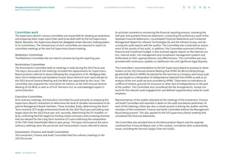 Committee work
The Supervisory Board’s various committees are responsible for drawing up resolutions
and preparing other major topics that need to be dealt with by the full Supervisory
Board. Moreover, the Supervisory Board has delegated certain decision-making powers
to its committees. The chairpersons of each committee are required to report on
committee meetings at the next full Supervisory Board meeting.
Mediation Committee
The Mediation Committee did not need to convene during the reporting year.
Nomination Committee
The Nomination Committee held six meetings in total during the 2023 fiscal year.
The topics discussed at the meetings included the replacements for Supervisory
Board positions referred to above following the resignations of Dr. Wolfgang Eder,
Hans-Ulrich Holdenried and Géraldine Picaud. Klaus Helmrich and I were elected at
the 2023 Annual General Meeting and Ute Wolf was appointed by the court. The
committee also prepared the nomination for election at the 2024 Annual General
Meeting of Ute Wolf, as well as of Prof. Hermann Eul, an acknowledged expert in
semiconductors.
Executive Committee
At its ordinary meetings, the Executive Committee focused primarily on preparing the
Supervisory Board’s resolutions to determine the level of variable remuneration to be
paid to Management Board members. These included, firstly, determining the Short-
Term Incentive (STI) target achievement levels for the 2022 fiscal year and setting new
target values for the 2023 fiscal year and, secondly, determining the STI modifier cri-
teria, confirming the ESG targets for limiting carbon emissions and increasing diversity
that are relevant for the Long-Term Incentive (LTI) and confirming the composition
of the TSR (Total Shareholder Return) peer group. The topics discussed at the extra­
ordinary meetings were the personnel and remuneration issues referred to above.
Investment, Finance and Audit Committee
The Investment, Finance and Audit Committee held five ordinary meetings in the
2023 fiscal year.
Its activities centered on monitoring the financial reporting process, reviewing the
half-year and quarterly financial statements, conducting the preliminary audit of the
Separate Financial Statements, Consolidated Financial Statements and Combined
Management Report for Infineon Technologies AG and the Infineon Group, and dis-
cussing the audit reports with the auditor. The Committee also conducted an assess-
ment of the quality of the audit. In addition, the Committee examined Infineon’s
financial and investment budget. It also received regular reports on the internal con-
trol, internal audit, risk management and compliance management systems and
deliberated on their appropriateness and effectiveness. The Committee was also
­
provided with continuous updates on additional risks and significant legal disputes.
The Committee’s recommendation to the full Supervisory Board to propose to share-
holders at the 2023 Annual General Meeting that KPMG AG Wirtschaftsprüfungs-
gesellschaft, Munich (KPMG) be elected for the last time as Company and Group audi-
tor was based on a Declaration of Independence obtained from KPMG as well as an
analysis of the non-audit services provided by KPMG. There were no indications of
conflicts of interest, grounds for exclusion or other lack of independence on the part
of the auditor. The Committee also considered the fee arrangements, issued con-
tracts for the relevant audit engagements and defined supplementary areas for audit
emphasis.
Representatives of the auditor attended all the meetings of the Investment, Finance
and Audit Committee and reported in detail on the audit procedures performed. At
each of the meetings, there was also a closed session involving the auditor and the
members of the Investment, Finance and Audit Committee without the Management
Board being present. This also applied to the full Supervisory Board meeting that
considered the financial statements.
The Committee also devoted time to the Remuneration Report and the separate
­
combined Non-Financial Report and, in this context, considered other sustainability
issues, including the German Supply Chain Act (LkSG).
Infineon | Annual Report 2023
15
Further information
Consolidated Financial Statements
Combined Management Report
Management Board and Supervisory Board
Report of the Supervisory Board
 