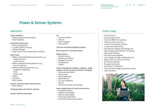 Power  Sensor Systems
Applications
Audio amplifiers
› Battery-powered loudspeakers
› Smart speakers
Automotive electronics
› Blind spot detection
› In-cabin USB PD charging
› Onboard charger
› Power train for low-speed electric vehicles
BLDC motor
› Battery-powered gardening equipment, e.g.,
– Hedge trimmers
– Lawn mowers
› Battery-powered home appliances, e.g.,
– Vacuum cleaners
› Battery-powered power tools, e.g.,
– Cordless screwdrivers
– Drills
– Power saws
› eBikes
› eScooters
› Multi-copters
Cellular communications infrastructure
› Base stations
Charging stations for electric vehicles
Human-machine interaction
IoT
› Communications
› Sensors
› Smart speakers
› Voice control
LED and conventional lighting systems
Microinverter for roof-top systems
Mobile devices
› Activity trackers
› Health care trackers
› Navigation devices
› Smartphones
› Tablets
Power management (chargers, adapters, power
supplies, DC-DC conversion, wireless charging)
› Consumer electronics
› Data centers
› Home appliances
› Mobile devices
› PCs and notebooks
› Servers
› Telecommunication technology
Special applications in harsh environments
› Aerospace systems
› Aviation technologies
› Defense technologies
› Oil and gas exploration
› Submarine telecommunications
Product range
› 3D ToF sensors
› Chips for gas sensors
› Chips for MEMS microphones
› Chips for pressure sensors
› Control ICs for power switches
› Customized chips (ASICs)
› 
Discrete low-voltage, mid-voltage and
high-voltage power MOSFETs (Si-based)
› GaN power switches
› GPS low-noise amplifiers
› Low-voltage and high-voltage driver ICs
› Radar sensor ICs (24 GHz, 60 GHz)
› RF antenna switches
› RF power transistors
› SiC diodes, SiC MOSFETs
› TVS (transient voltage suppressor) diodes
› USB controllers
182
Infineon | Annual Report 2023
Consolidated Financial Statements
Combined Management Report
Management Board and Supervisory Board Further information
Applications and product range
Power  Sensor Systems
PSS
 