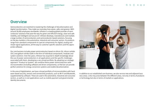 Overview
Semiconductors are essential to mastering the challenges of decarbonization and
digital transforma­
tion. They make our everyday lives easier, safer and greener. With
around 58,600 employees worldwide, Infineon is a leading global provider of semi-
conductor solutions that pave the way for green and efficient energy, clean and safe
mobility, and intelligent and secure IoT. Infineon develops, manufactures and markets
a large number of semiconductors and semiconductor-based solutions, focusing
on the key markets in the automotive, industrial and consumer sectors. Its products
range from standard components to special components for digital, analog and
mixed-signal applications, all the way to customer-specific solutions and the appro-
priate software.
Our core business includes power semiconductors based on silicon (Si), silicon carbide
(SiC) and gallium nitride (GaN) in the form of individual components, modules and
system solutions. Over the years, Infineon has acquired in-depth knowledge about
the use of power semiconductors in all applications and the specific challenges
­
associated with them, developing a very broad portfolio. By adopting our strategic
approach “Product to System”, we combine these power semiconductors with
­
microcontrollers (including software and driver components), so that we can provide
perfect solutions for energy conversion systems and enable decarbonization.
In the area of digitalization, we have a broad portfolio of microcontrollers with hard-
ware-based security, sensors and connectivity products, such as Wi-Fi and Bluetooth,
supplemented by software. These are used in the automotive, industrial and consumer
sectors, as well as in end applications such as mobile payment and governmental
identity documents.
In addition to our established core business, we also service new and adjacent busi-
ness areas. Links may arise between the different areas, not only in terms of products
or technology but also in terms of markets or applications.
Infineon | Annual Report 2023
21
Further information
Consolidated Financial Statements
Management Board and Supervisory Board Combined Management Report
Business model
Overview
 