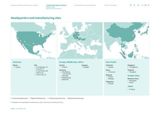Headquarters and manufacturing sites
■ Corporate headquarters ■ Regional headquarters ■ Frontend manufacturing ■ Backend manufacturing
For the definition of frontend/backend manufacturing, see chapter “Value chain and manufacturing”. p. 22
9
5
Americas
Mexico
■ 1 Tijuana
USA
■ 2 El Segundo, CA
■ 3 Austin,TX
■ 4 Leominster, MA
■ 5 Mesa, AZ
■ 6 San José, CA
Europe, Middle East, Africa
Austria
■ 1 Villach
Germany
■ 2 Neubiberg
near Munich
■ 3 Dresden
■■ 4 Regensburg
■ 5 Warstein
Hungary
■ 6 Cegléd
Asia-Pacific
Indonesia
■ 1 Batam
Korea
■ 2 Cheonan
Malaysia
■ 3 Kulim
■ 4 Melaka
Philippines
■ 5 Cavite
Singapore
■■ 6 Singapore
Thailand
■ 7 Bangkok
Greater China
Mainland China
■ 8 Shanghai
■ 9 Wuxi
Japan
■ 10 Tokyo
1
3
4
1
4
3
5
2
7
8
6
2
6
10
2
4
3
5
6
1
Infineon | Annual Report 2023
23
Further information
Consolidated Financial Statements
Management Board and Supervisory Board Combined Management Report
Business model
Value chain and manufacturing
 