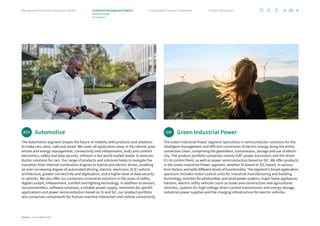 ATV Automotive
The Automotive segment shapes the future of mobility with products and solutions
to make cars clean, safe and smart. We cover all application areas in the vehicle: pow-
ertrain and energy management, connectivity and infotainment, body and comfort
electronics, safety and data security. Infineon is the world market leader in semicon-
ductor solutions for cars. Our range of products and solutions helps to navigate the
transition from internal combustion engines to hybrid and electric drives, enabling
an ever-increasing degree of automated driving, electric-electronic (E/E) vehicle
architecture, greater connectivity and digitization, and a higher level of data security
in vehicles. We also offer our customers innovative solutions in the areas of safety,
digital cockpit, infotainment, comfort and lighting technology. In addition to sensors,
microcontrollers, software solutions, a reliable power supply, memories for specific
applications and power semiconductors based on Si and SiC, our product portfolio
also comprises components for human-machine interaction and vehicle connectivity.
GIP Green Industrial Power
The Green Industrial Power segment specializes in semiconductor solutions for the
intelligent management and efficient conversion of electric energy along the entire
conversion chain, comprising the generation, transmission, storage and use of electri­
city. The product portfolio comprises mainly IGBT power transistors and the driver
ICs to control them, as well as power semiconductors based on SiC. We offer products
in the Green Industrial Power segment, whether Si-based or SiC-based, in various
form factors and with different levels of functionality. The segment’s broad application
spectrum includes motor control units for industrial manufacturing and building
technology, inverters for photovoltaic and wind power systems, major home appliances,
traction, electric utility vehicles (such as buses and construction and agricultural
vehicles), systems for high-voltage direct current transmission and energy storage,
industrial power supplies and the charging infrastructure for electric vehicles.
Infineon | Annual Report 2023
25
Further information
Consolidated Financial Statements
Management Board and Supervisory Board Combined Management Report
Business model
The segments
 