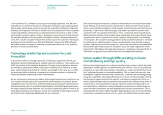 In the context of P2S, software is playing an increasingly significant role. We have
intensified our activities in this area in recent years through our own organic growth
and strategic partnerships, as well as through the acquisitions of Cypress, Industrial
Analytics and Imagimob. This means that we have at our disposal an entire ecosystem
comprising software components and a development environment, as well as refer-
ence designs, product support, blogs, a developer community and online tutorials.
An important element of this ecosystem is the ModusToolbox™ development environ-
ment. This includes reusable firmware that makes it easier for customers’ developers
to program microcontrollers and Wi-Fi and Bluetooth components. With software,
we enable smaller customers in particular to make even better use of our products
and thus increase our profitability.
Technology leadership and customer-focused
innovation
In accordance with our strategic approach of thinking in application trends, our
developers identify challenges early, together with our customers. This enables us to
fulfill the promise of technological leadership. Through close cooperation, we learn
to understand applications better, allowing us to identify future trends at an early
stage and develop products that are tailored accordingly. In this way, we can offer
­
our customers either individual components or complete solutions, including the
necessary software, depending on their requirements.
We are continuing to enhance our leading technological position and expertise in our
core markets through radical and customer-focused innovation. As a result, we are
strengthening our core business and identifying long-term growth opportunities in
adjacent business areas. As one of the market leaders in the field of power electronics,
we began researching new materials such as silicon carbide and gallium nitride at an
early stage, building up our expertise, and we are constantly broadening our product
portfolio in order to generate added value for our customers.
From a technological perspective, compound semiconductors are of particular impor-
tance. Whereas most semiconductor components to date have been based on pure
silicon, silicon carbide and gallium nitride are two chemical compounds with physical
properties, in particular a wide band gap, that make it possible to produce semi­
conductors with even greater performance. These compounds allow for particularly
efficient electric switches in the smallest space; for example, they make efficient charg­
ing stations for electric vehicles much more compact, allowing them to be installed
in more places. We consider a strong position in compound semiconductors essential
to reinforcing our leading position in power semiconductors and, thereby, in power
systems. The acquisition of GaN Systems Inc., which was successfully completed after
the end of the past financial year on 24 October 2023, will make a significant contri-
bution to this. The Ottawa (Canada)-based company contributes a broad portfolio of
GaN-based energy conversion solutions and first-class application expertise.
Value creation through differentiating in-house
manufacturing and high quality
We are continuing to expand our in-house manufacturing in areas in which we create
added value for the customer and differentiation for Infineon. Thus, we manufacture
products in our own fabs when doing so means that our customers benefit from lower
cost, higher performance or improved availability. This has been the case until now,
for example, for power semiconductors and sensors. Customers are increasingly recog­
nizing the competitive advantage offered by our in-house manufacturing by entering
into long-term supply contracts and capacity reservation arrangements. Some cus-
tomers make multi-year advance payments that support the cashflow during times of
investments to expand production capacity. However, where manufacturing in our
own fabs offers no additional customer benefit or opportunity to differentiate our-
selves from the compe­
tition, we work together with contract manufacturers. This is
predominantly the case for highly integrated digital products such as microcontrollers,
connectivity components and security ICs, where the differentiation arises mainly
Infineon | Annual Report 2023
30
Further information
Consolidated Financial Statements
Management Board and Supervisory Board Combined Management Report
Group strategy
Strategic guidelines
 