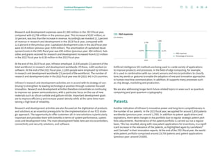 Research and development expenses were €1,985 million in the 2023 fiscal year,
­
compared with €1,798 million in the previous year. This increase of €187 million, or
10 percent, was less than the increase in revenue. Accordingly we invested 12.2 percent
of revenue in research and development in the 2023 fiscal year, compared with
12.6 percent in the previous year. Capitalized development costs in the 2023 fiscal year
were €214 million (previous year: €209 million). The amortization of capitalized devel­
opment costs in the 2023 fiscal year was €93 million (previous year: €94 million). Sub-
sidies and grants received for research and development increased from €113 million
in the 2022 fiscal year to €130 million in the 2023 fiscal year.
At the end of the 2023 fiscal year, Infineon employed 12,830 people (22 percent of the
total workforce) in research and development worldwide. Of these, 1,645 worked on
software. At the end of the 2022 fiscal year, 12,005 people were employed by Infineon
in research and development worldwide (21 percent of the workforce). The number of
research and development sites in the 2023 fiscal year was 69 (2022: 64) in 25 countries.
Infineon’s research and development activities are in accord with its strategy of con-
tinuing to strengthen its leading technological position through customer-focused
innovation. Research and development activities therefore concentrate on continuing
to improve our power semiconductors, with a particular focus on the use of new
materials such as silicon carbide and gallium nitride. Important development goals
are to improve efficiency and increase power density while at the same time main-
taining a high level of reliability.
Research and development activities are also focused on the digitization of products
and solutions as an essential prerequisite for the implementation of our P2S strate-
gic approach. The opportunity to offer customers all-in-one solutions is particularly
impor­
tant and provides them with benefits in terms of system performance, system
costs and development time. The main development fields here are microcontrollers,
connectivity and security solutions, and software.
Artificial intelligence (AI) methods are being used in a wide variety of applications
to improve products and processes. In the field of edge computing, for example,
AI is used in combination with our smart sensors and microcontrollers to classify
tone, key words or gestures to enable the adoption of new and innovative approaches
in human-machine communication. In addition, AI supports many processes such
as chip design, marketing and production.
We are also addressing longer-term future-related topics in areas such as quantum
computing and post-quantum cryptography.
Patents
Another indication of Infineon’s innovative power and long-term competitiveness is
the number of our patents. In the 2023 fiscal year, we applied for around 1,850 patents
worldwide (previous year: around 1,700). In addition to patent applications and
­
expirations, there were changes in the portfolio due to regular strategic patent port-
folio adjustments. Maintenance of the patent portfolio is carried out on a regular
basis. This has resulted, along with new patent applications for inventions, in a signi­
f­
icant increase in the relevance of the patents, as highlighted again by LexisNexis®
and Clarivate® in their innovation reports. At the end of the 2023 fiscal year, the world­
wide patent portfolio comprised around 29,700 patents and patent applications
(previous year: around 29,600).
12.2%
12.6%
1,798
1,985
C03 RD expenses
€ in millions
RD expenses
Percentage of revenue
2023
2022
Infineon | Annual Report 2023
35
Further information
Consolidated Financial Statements
Management Board and Supervisory Board Combined Management Report
Research and development
 