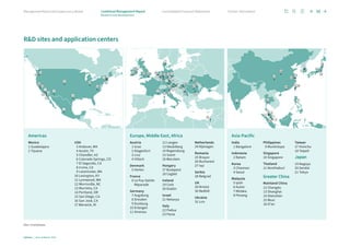 RD sites and application centers
Sites 10 employees.
Europe, Middle East, Africa
Austria
1 Graz
2 Klagenfurt
3 Linz
4 Villach
Denmark
5 Herlev
France
6 Le Puy-Sainte-
Réparade
Germany
7 Augsburg
8 Dresden
9 Duisburg
10 Erlangen
11 Ilmenau
12 Langen
13 Neubiberg
14 Regensburg
15 Soest
16 Warstein
Hungary
17 Budapest
18 Cegléd
Ireland
19 Cork
20 Dublin
Israel
21 Netanya
Italy
22 Padua
23 Pavia
Netherlands
24 Nijmegen
Romania
25 Braşov
26 Bucharest
27 Iaşi
Serbia
28 Belgrad
UK
29 Bristol
30 Redhill
Ukraine
31 Lviv
15
12
Americas
Mexico
1 Guadalajara
2 Tijuana
USA
3 Andover, MA
4 Austin,TX
5 Chandler, AZ
6 Colorado Springs, CO
7 El Segundo, CA
8 Irvine, CA
9 Leominster, MA
10 Lexington, KY
11 Lynnwood, WA
12 Morrisville, NC
13 Murrieta, CA
14 Portland, OR
15 San Diego, CA
16 San José, CA
17 Warwick, RI
Asia-Pacific
India
1 Bangalore
Indonesia
2 Batam
Korea
3 Cheonan
4 Seoul
Malaysia
5 Ipoh
6 Kulim
7 Melaka
8 Penang
Philippines
9 Muntinlupa
Singapore
10 Singapore
Thailand
11 Nonthaburi
Greater China
Mainland China
12 Chengdu
13 Shanghai
14 Shenzhen
15 Wuxi
16 Xi’an
Taiwan
17 Hsinchu
18 Taipeh
Japan
19 Nagoya
20 Sendai
21 Tokyo
7
4
2
1
31
9
6
7
2
18
14
3
21
29 30
5
27
8
16
15
24
6
23 22
13
19
20
1
8
20
19
4
13
17
10
3
11
18
10
25
26
28
14
16
12
11
9
17
21
5
11
2
17
8
15
7
9
6
1
10
12
3
4
16
14
5
13
Infineon | Annual Report 2023
36
Further information
Consolidated Financial Statements
Management Board and Supervisory Board Combined Management Report
Research and development
 