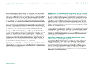 Following the last Annual General Meeting, the Supervisory Board elected a new
Chairman. On behalf of the Management Board, I would like to express my sincere
thanks to the long-standing Chairman, Dr. Wolfgang Eder, for the good working rela-
tion we have enjoyed over the past few years. Particular highlights include reorga­
nizing the Management Board team, setting higher financial targets and ­preparing
for the expansion of our manufacturing facilities on our site in Dresden (Germany).
Dr. Wolfgang Eder was always a trusted guide and support to the ­Management Board.
With Dr. Herbert Diess, his successor as Chairman of the Supervisory Board, Infineon
has gained a proven expert in the major topics affecting the future of our business.
Our working relation with Dr. Herbert Diess is also respectful, constructive and built
on trust, which is very important to Infineon maintaining its successful course.
Having successfully established the Management Board position for Digital Trans­
formation, our colleague Constanze Hufenbecher decided not to renew her expiring
contract and has handed over the baton to Elke Reichart on 1 November 2023.
­
Constanze Hufenbecher contributed significantly to the good progress made by
Infineon in the areas of digitalization and sustainability. She has laid important
­
foundations with the Digital Agenda and the Sustainability Strategy. Moreover, she
established a culture of cross-departmental collaboration at Infineon. I would like
to express my sincere personal gratitude for her achievements.
Digitalization is a crucial lever for our company. I am very much looking forward to
working together with Elke Reichart. She will bring new perspectives and impetus to
the Management Board team and use her extensive experience to help lead Infineon
into an even more successful future.
We are driving decarbonization and digitalization with our partners
Efforts to tackle the climate crisis are being intensified worldwide. At the same time,
we are seeing rapid development in the area of digitalization. Semiconductors are
essential in order to overcome the energy challenges of our time and help shape the
digital transformation. They are the building blocks of technological progress and
the engine of sustainable global development. At Infineon, we are actively doing
everything possible to drive forward decarbonization and digitalization. We are a
global leader in power systems and IoT. Together with our partners, we enable game-­
changing solutions in three growth areas: green and efficient energy, clean and safe
mobility, and a smart and secure IoT.
Five core applications are particularly strong drivers for our business: electromobility,
renewable energy, automated driving, data centers – propelled by the ever-increasing
use of artificial intelligence – and IoT. These applications will account for around
60 percent of our expected revenue growth over the coming years. So that Infineon
can make the most of these major growth opportunities, we are setting the course
and laying the groundwork early on.
Investments in manufacturing capacities and security of supply
will set Infineon up for long-term growth
Our manufacturing strategy is based on clear principles. We focus on expanding our
in-house manufacturing in those areas in which added value for our customers
and differentiation for Infineon is created. This is the case, for example, for power
semiconductors and sensors. However, in the case of highly integrated digital
­
products such as microcontrollers and connectivity and security components, we
prefer to work together with contract manufacturers, as the design and software
are the main sources of differentiation in those areas. We also pursue this strategy
when ­
making our investment decisions.
Infineon | Annual Report 2023
5
Further information
Consolidated Financial Statements
Combined Management Report
Management Board and Supervisory Board
Letter to shareholders
 