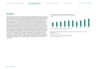 Dividend
Our dividend policy is aimed at letting shareholders adequately participate in Infineon’s
economic development and, in general, at paying out at least an unchanged dividend
even in the event of stagnating or declining earnings. The dividend payout for the
2021 fiscal year was increased by €0.05 per share compared with the previous year.
The dividend payout for the 2022 fiscal year was then increased again by €0.05, to
€0.32 per share. It is now planned to put forward a proposal at the Annual General
Meeting in February 2024 for a further increase in the dividend of €0.03. The reason
for this is Infineon’s even better business performance in the 2023 fiscal year compared
with the previous year while at the same time retaining the financial headroom of
the Company for profitable growth. If the planned proposal is approved at the Annual
General Meeting, the dividend for the 2023 fiscal year would rise to €0.35 per share.
The number of shares issued remained unchanged as of 30 September 2023 at
1,305,921,137. This figure now includes 2,171,026 shares owned by the Company
that are not entitled to a dividend. The total amount to be distributed to shareholders
is therefore anticipated to rise to €456 million, compared with €417 million one
year earlier.
Interested parties may participate in telephone conferences via a webcast broadcast in the Investor Relations section of the
Infineon website.
www.infineon.com/investor
Retail investors can contact us by email (investor.relations@infineon.com)
and by telephone (+49 89 234-26655).
C12 Dividend per share for the 2014 to 2023 fiscal years
in € cents
1 Proposal to the Annual General Meeting to be held on 23 February 2024.
2014
18
2018
27
2020
22
2023
351
2022
32
2021
27
2019
27
2016
22
2017
25
2015
20
60
Infineon | Annual Report 2023
Further information
Consolidated Financial Statements
Management Board and Supervisory Board Combined Management Report
Infineon on the capital market
 
